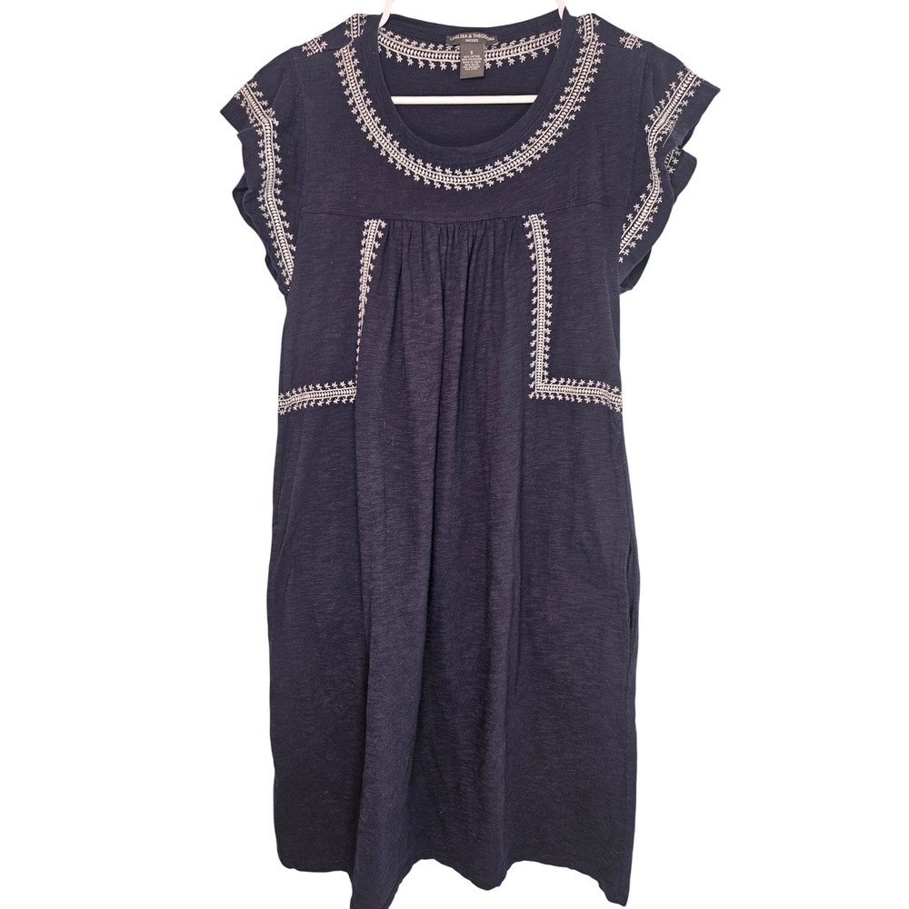 Chelsea &‎ Theodore Navy Blue Embroidered Boho Shift Dress S Cap Sleeve Pocket